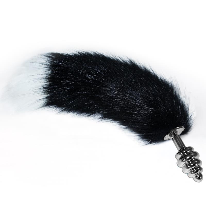 metal-spiral-butt-plug-with-black-and-white-fox-tail Metal Spiral Butt Plug with Black and White Fox Tail - Image 1