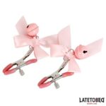 BDSM LINE Pink Bow Nipple Clamps with Bell - LATETOBED