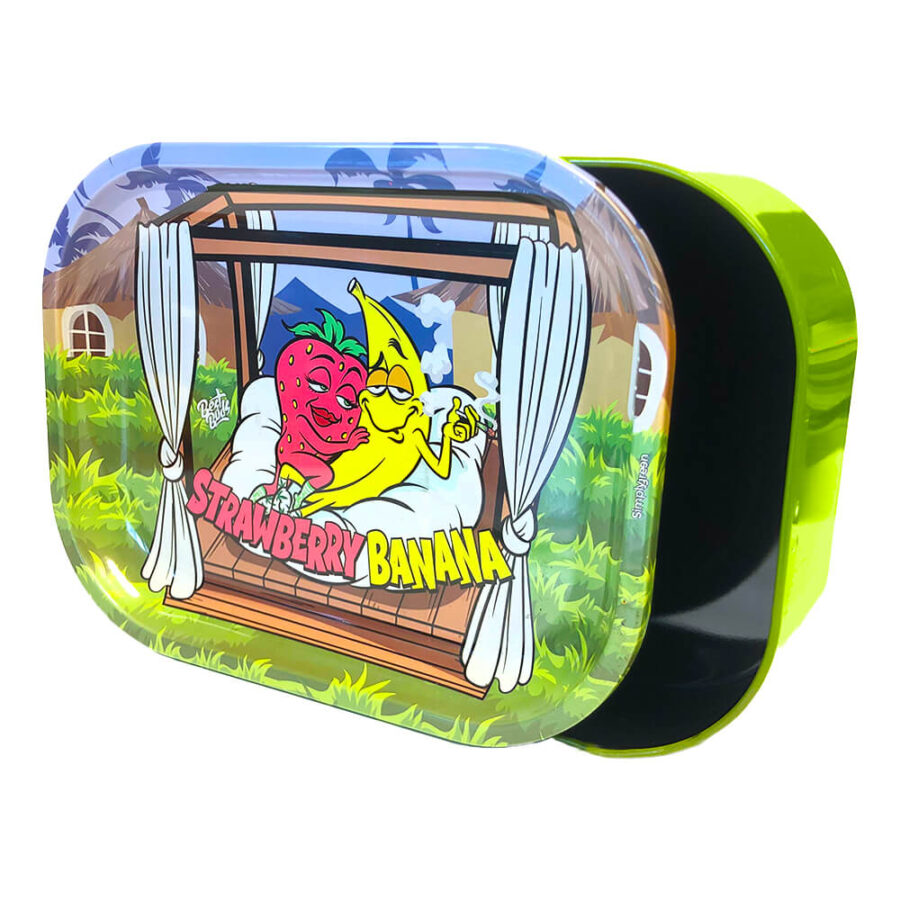 wholesale-best-buds-tray-box-strawberry-banana-900x900 Tin Box Rolling Tray with Storage Strawberry Banana - Best Buds - Image 1