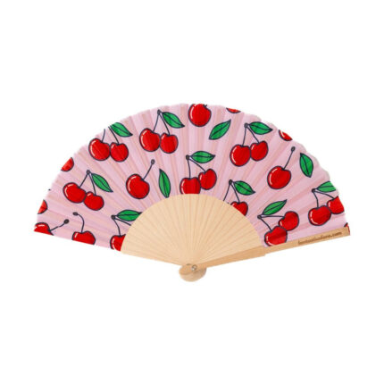 Ξύλινη Βεντάλια Cherries Pink 23cm με Σχέδιο Κεράσια