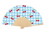 Ξύλινη Βεντάλια Χειρός Gingham Blue 23cm (Καρό με Κεράσια)