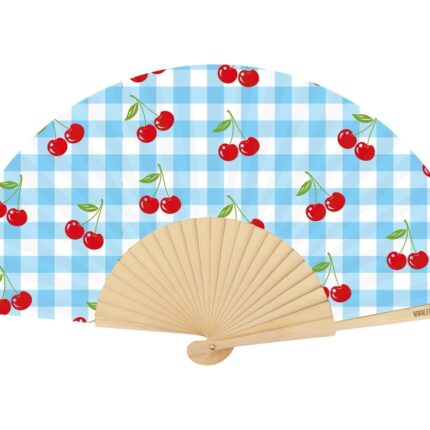 Ξύλινη Βεντάλια Χειρός Gingham Blue 23cm (Καρό με Κεράσια)