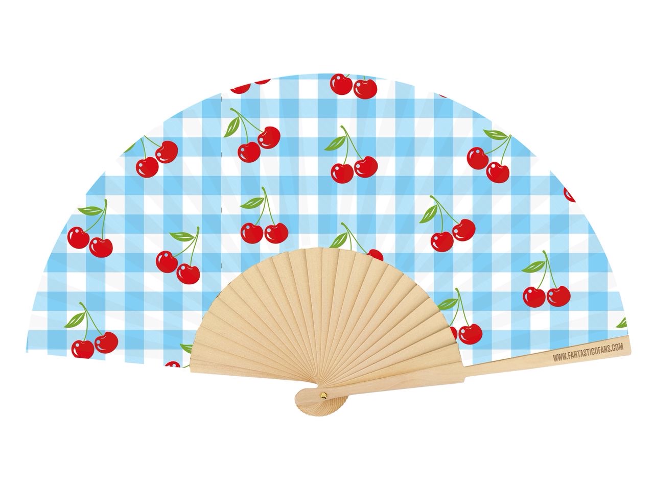 xylini-ventalia-heiros-blue-23cm-karo-me-kerasia Ξύλινη Βεντάλια Χειρός Gingham Blue 23cm (Καρό με Κεράσια) - Image 1
